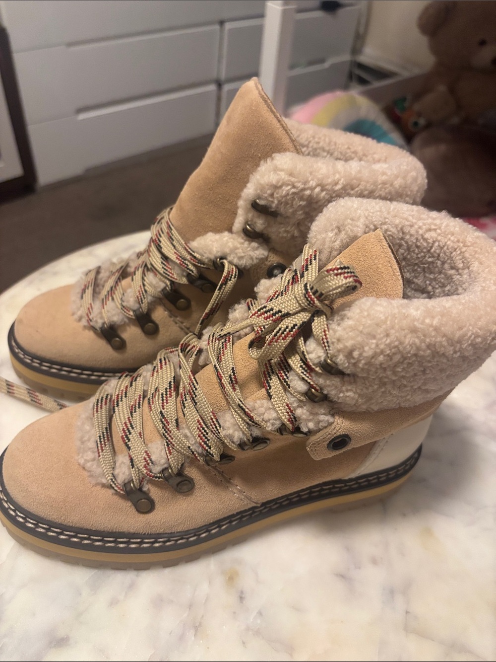 See By Chloe Suede Sherpa-Lined Hiker Boots - Beige